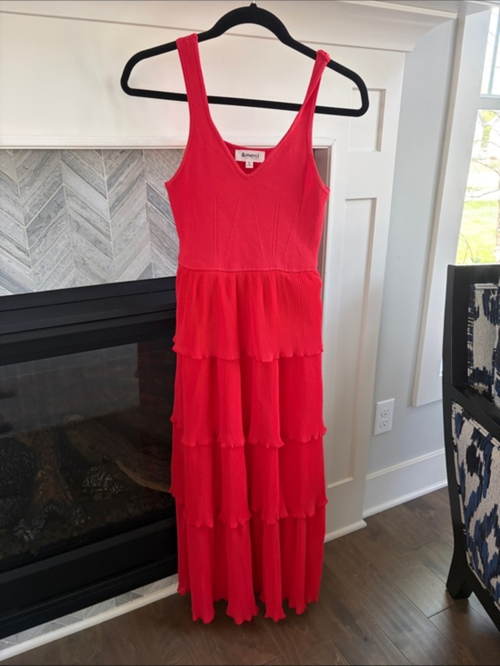 Social Threads | &merci Pleated Tiered Midi Dress in Red Orange S NWOT